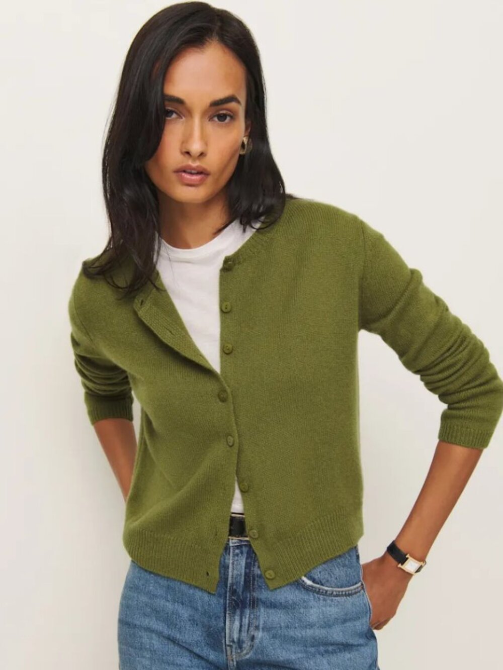 Clara Cashmere Crew Cardigan in Pear